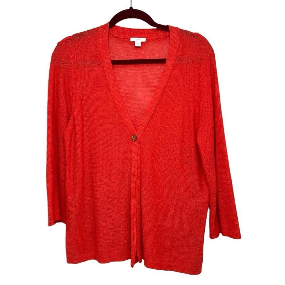 J. Jill Navy Red Linen Blend Lightweight Single Button Cardigan Womens Medium